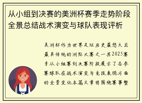 从小组到决赛的美洲杯赛季走势阶段全景总结战术演变与球队表现评析 从小组到决赛的美洲杯赛季走势阶段全景总结战术演变与球队表现评析